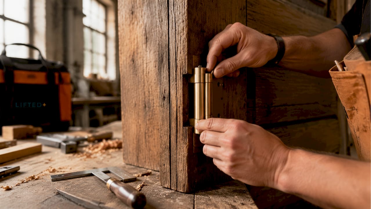 Architectural hardware: a guide for designers and builders 2 Hands installing stainless steel pivot hinge on door