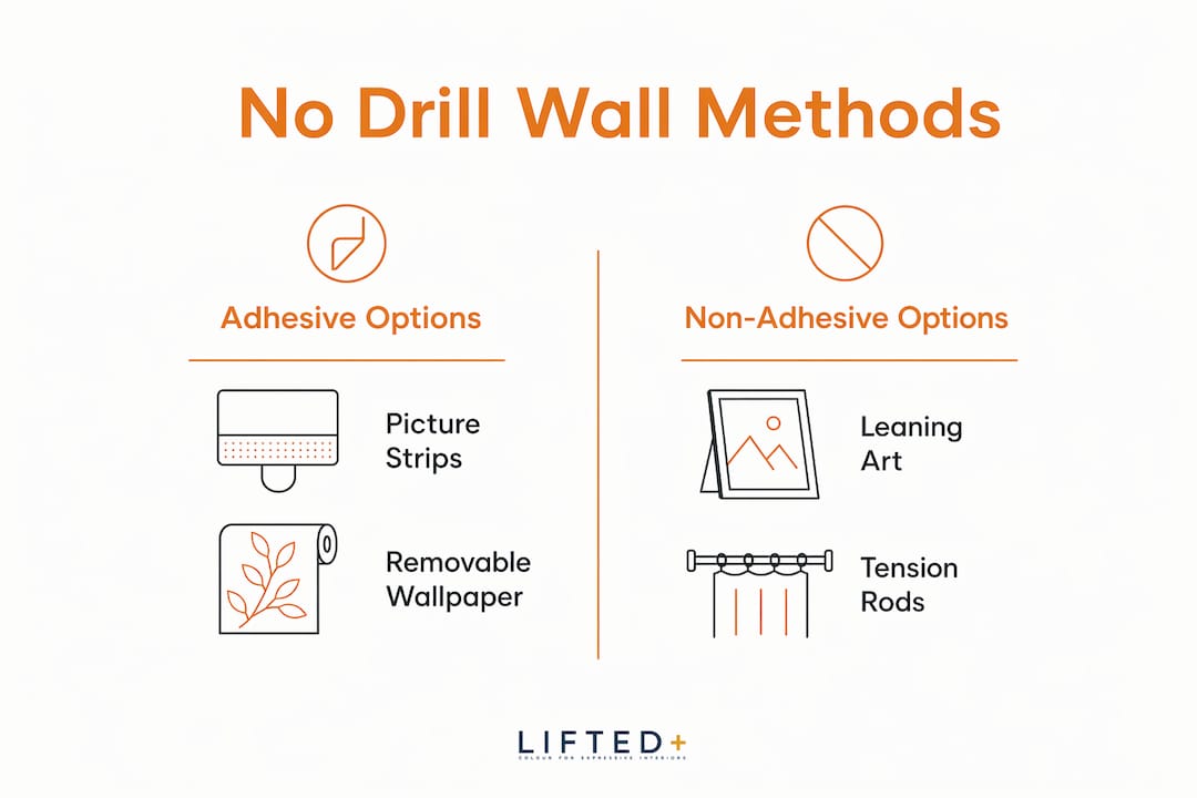No drill ways to transform blank walls: 2026 guide 2 Infographic comparing no drill wall hanging methods