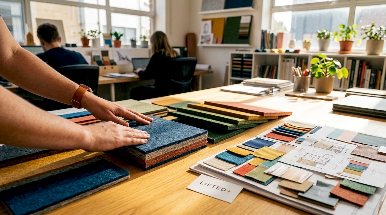 PET felt panels: acoustic design for eco-conscious interiors 2 Close-up of hands examining PET felt panel samples