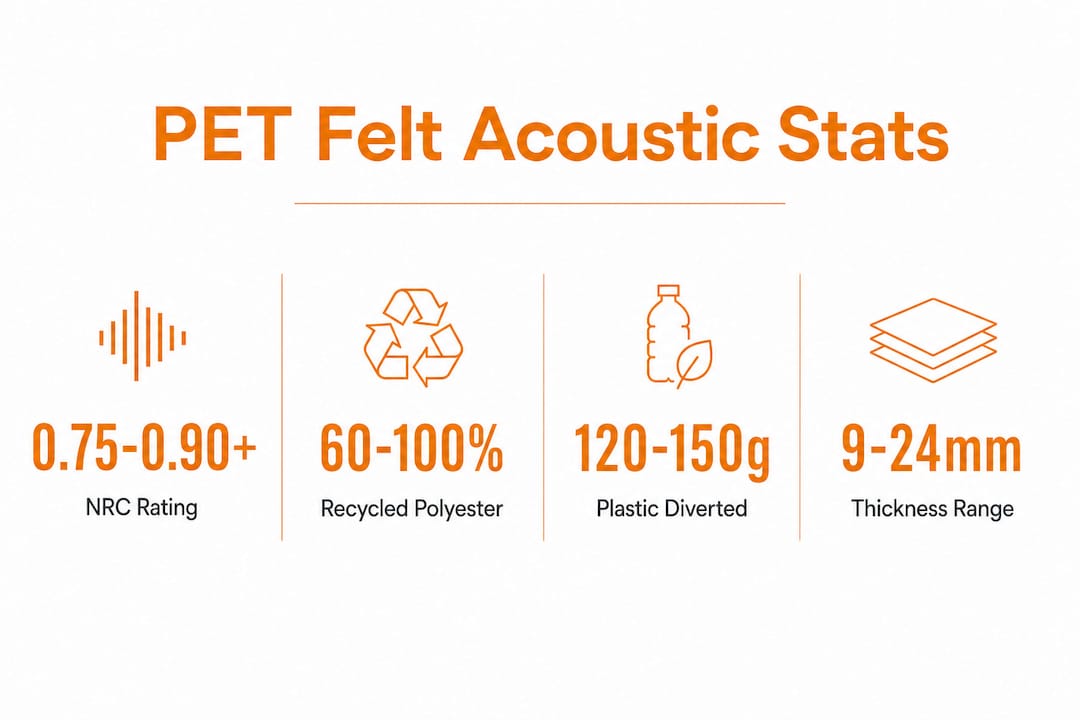 PET felt panels: acoustic design for eco-conscious interiors 3 Infographic showing PET felt panel acoustic and environmental statistics