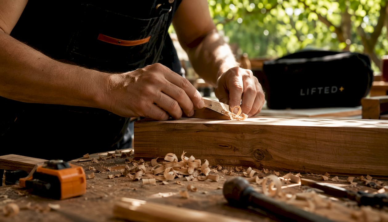 Craftsman's hands shaping timber cabinet