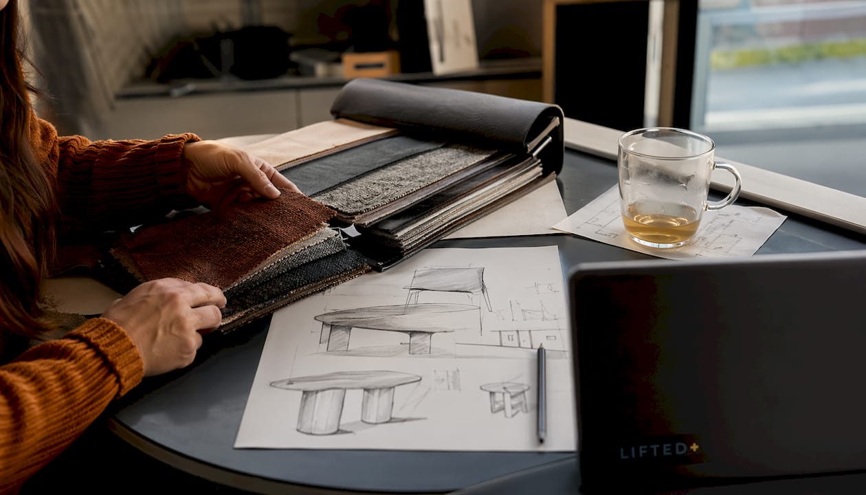 What is transitional decor style: a clear guide 2 Overhead view of fabric swatches and furniture sketches