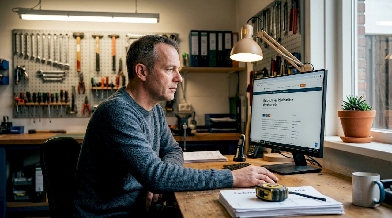 In zijn eigen werkplaats neemt een lokale ondernemer even de tijd om door zijn zelfgeschreven blog te bladeren.