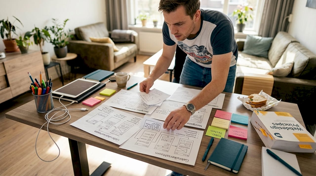 Een freelancer werkt aan de opzet van een nieuwe website aan zijn bureau.