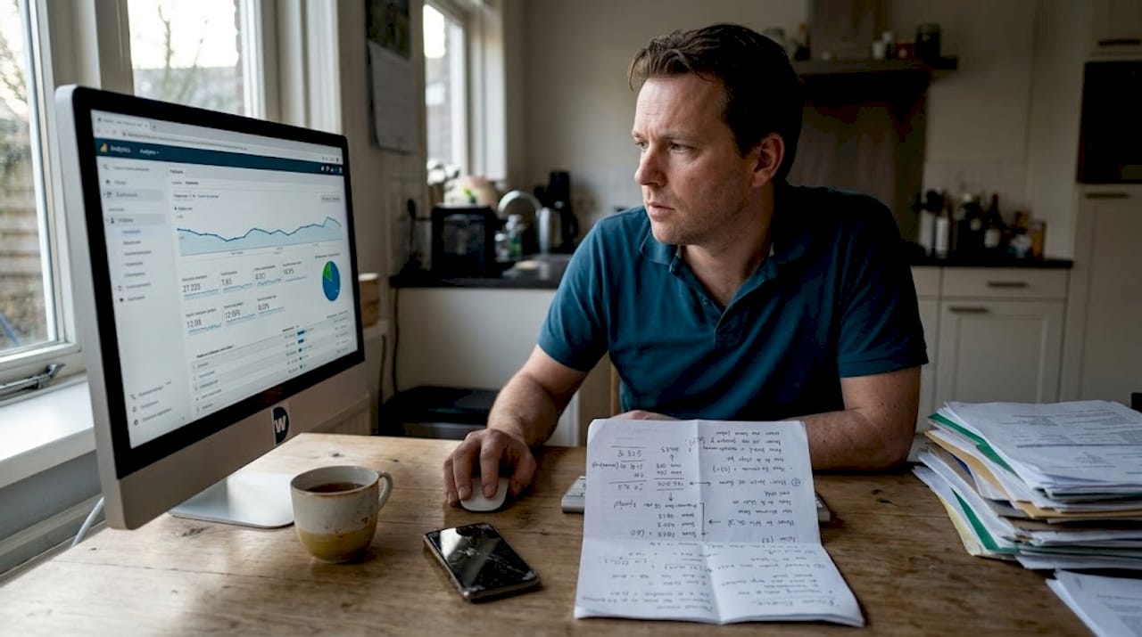 Man bekijkt zijn websitecijfers aan de keukentafel