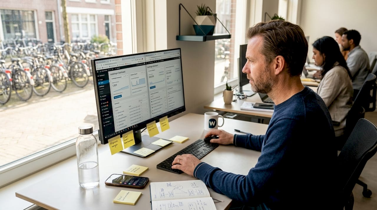 Ondernemer werkt aan WordPress-plugins achter zijn bureau.
