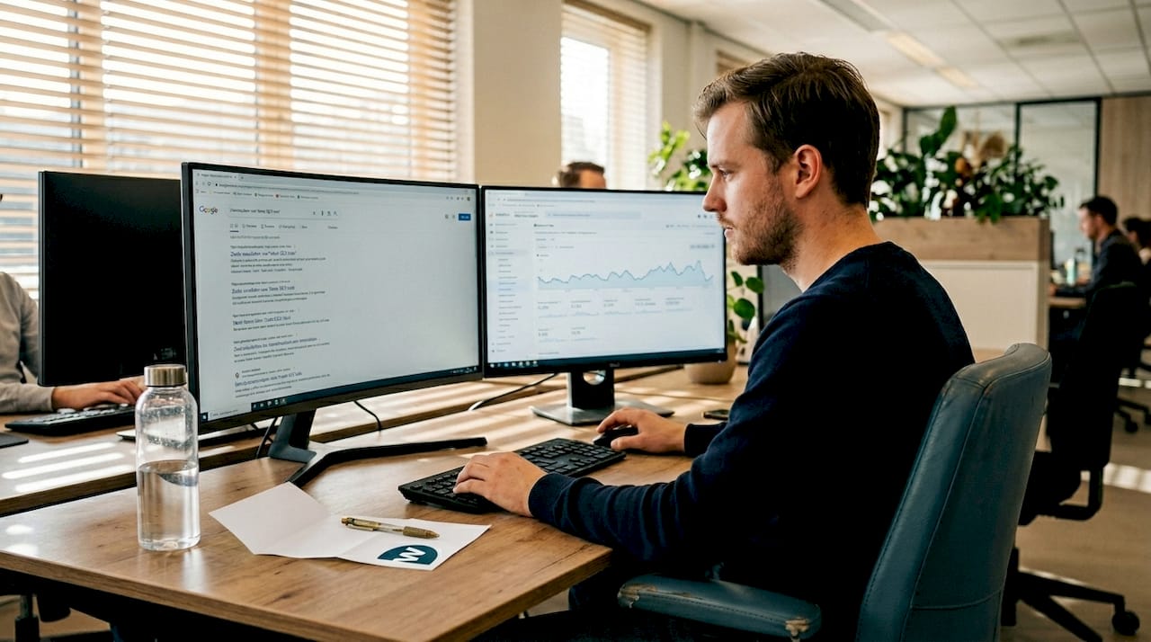 SEO-specialist analyseert zoekresultaten op kantoor