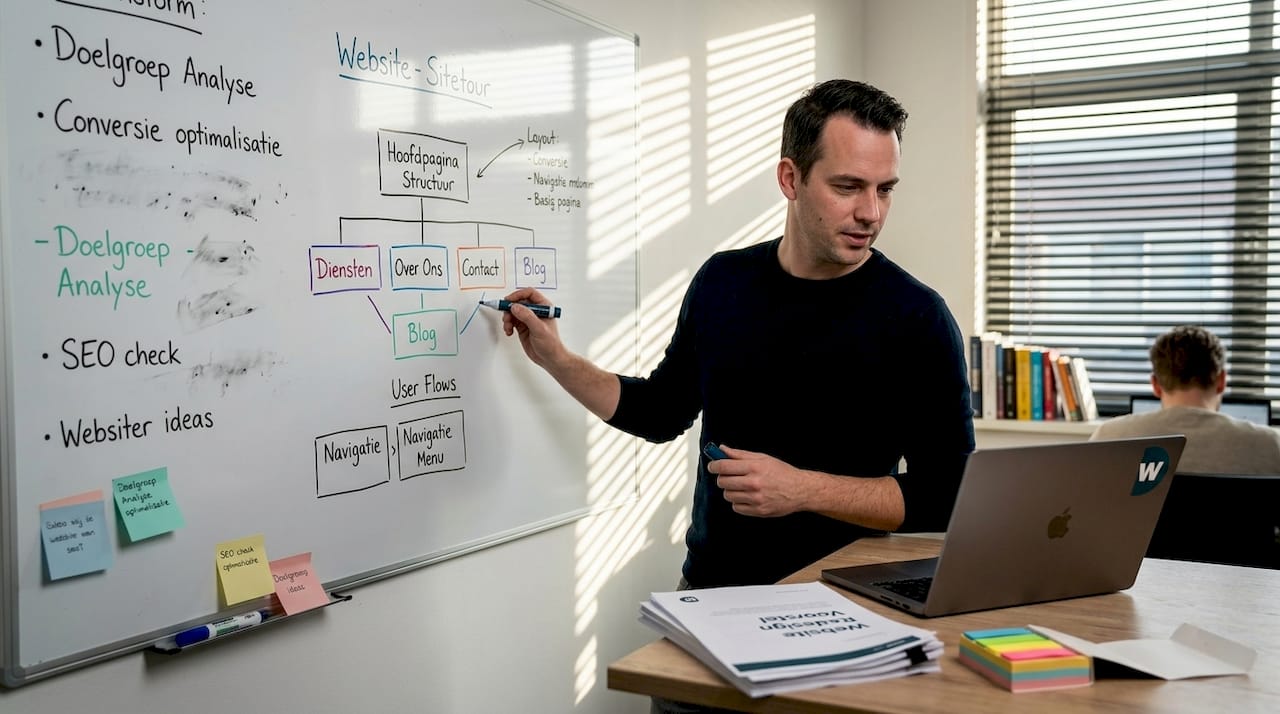 De marketingmanager schetst de opbouw van de website op het whiteboard.