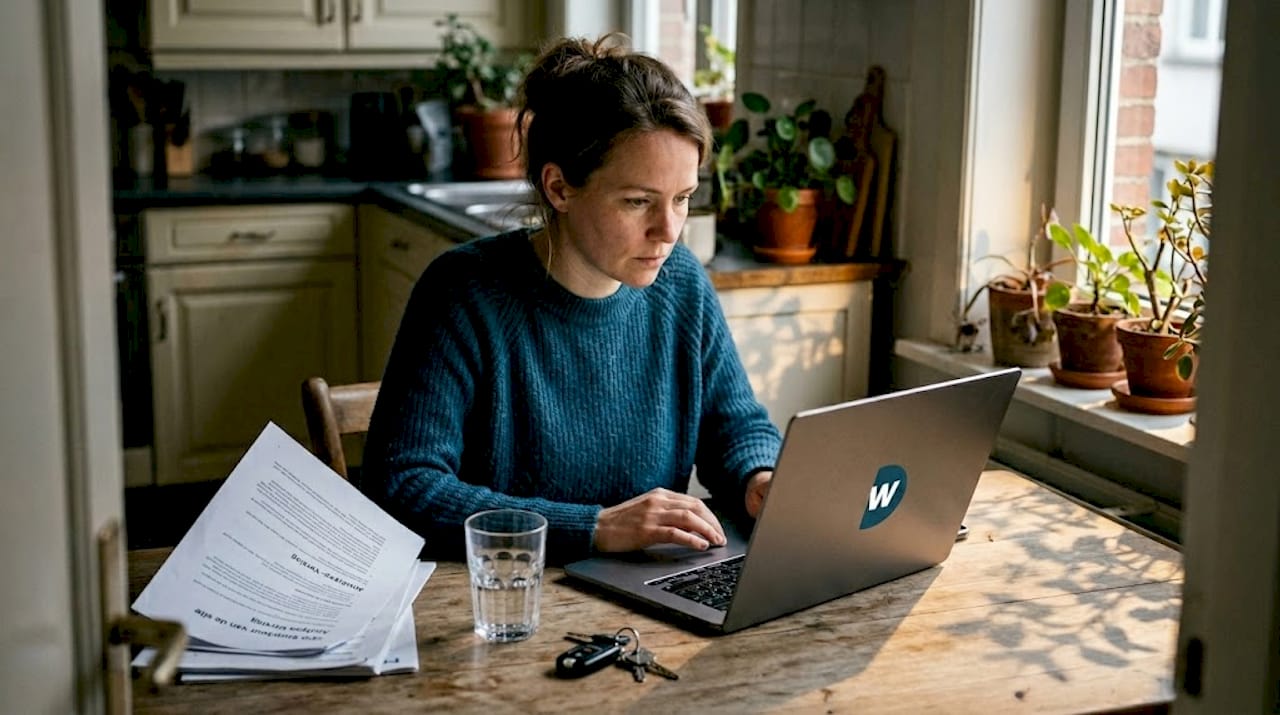 Een vrouw zit aan de keukentafel en uploadt een sitemap vanaf haar laptop.