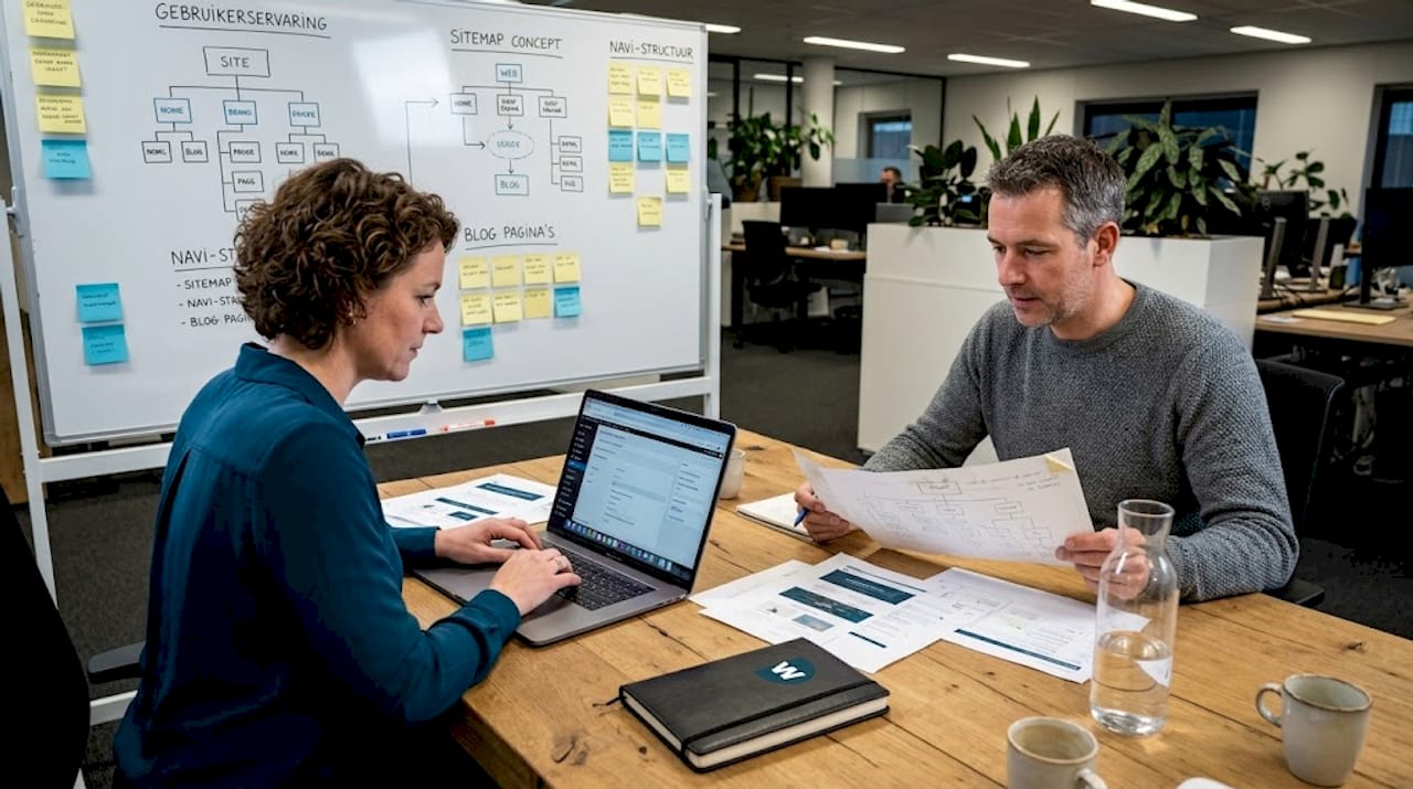 Het team overlegt over de opzet van de website.