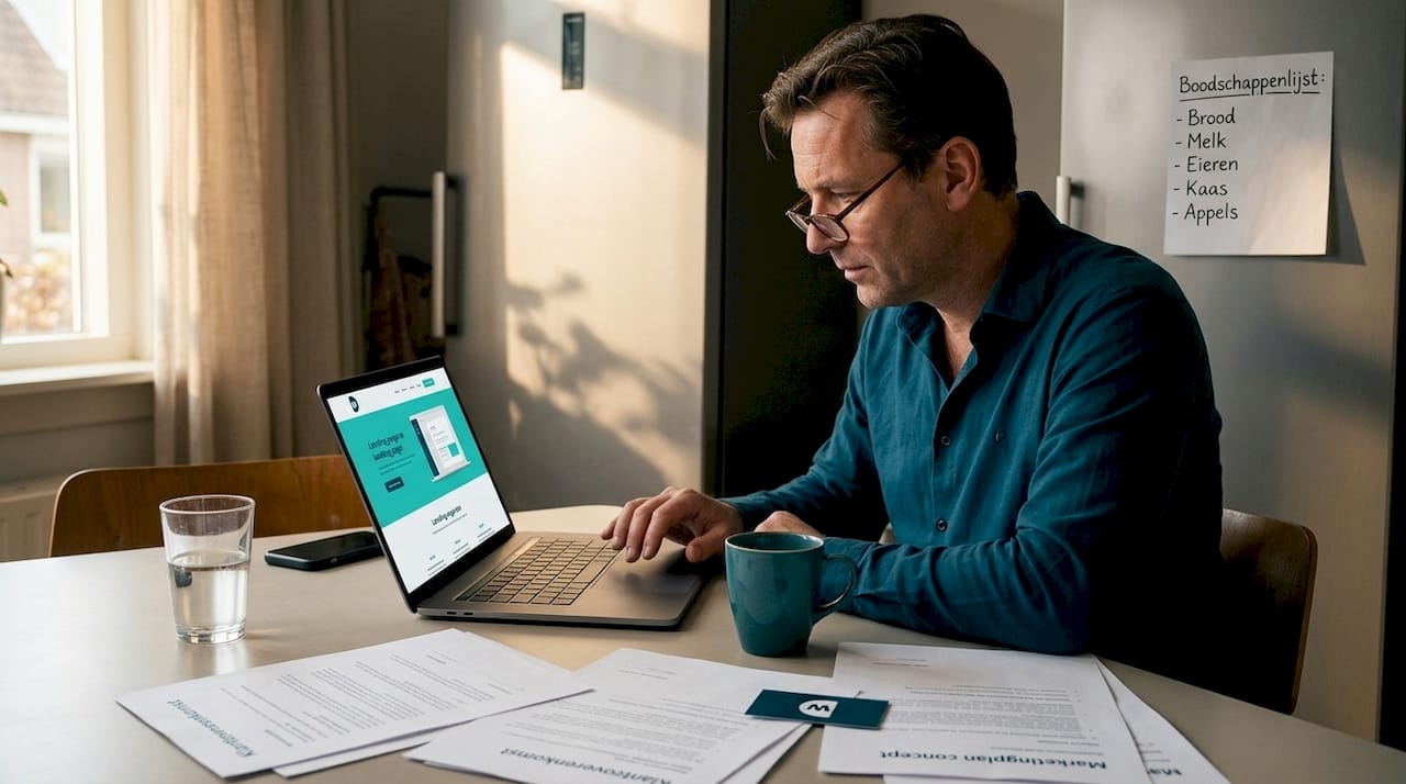 Een ondernemer bekijkt aan de keukentafel kritisch de landingspagina van zijn bedrijf.