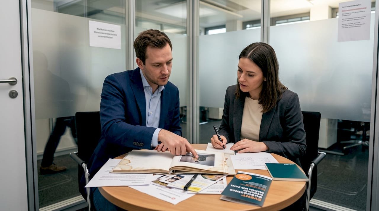 Ein Team aus dem Unternehmen sichtet und bewertet die Portfolios verschiedener Künstler.