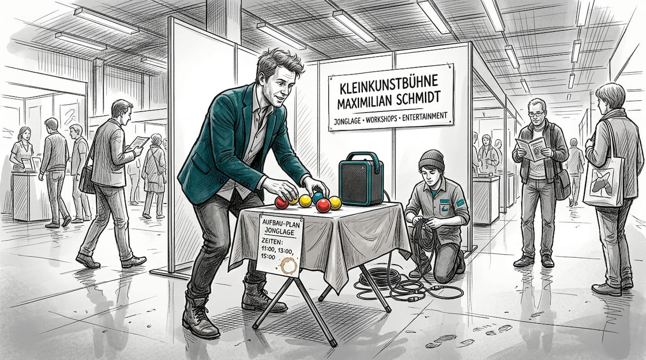 Ein Entertainer bereitet am Veranstaltungsstand seine Requisiten vor.