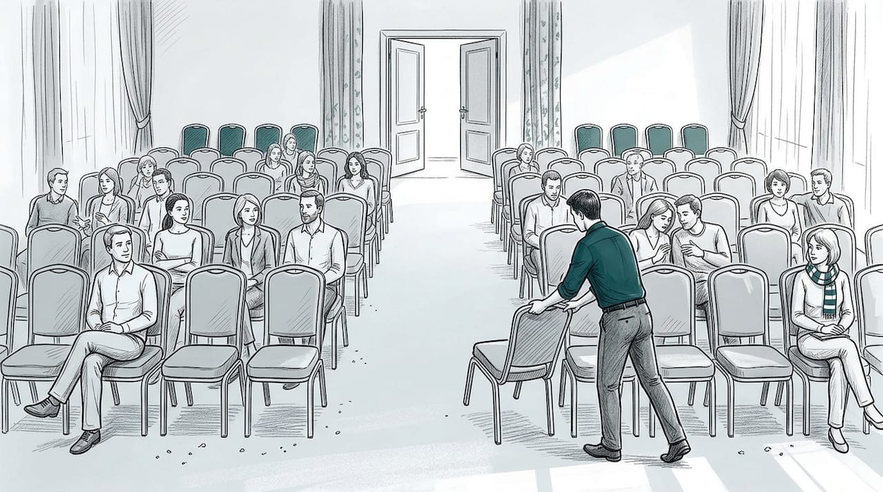 Im großen Saal haben die Gäste an verschiedenen Tischen Platz genommen.