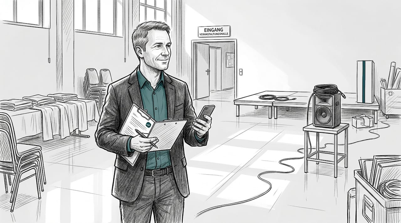 Der Veranstaltungskoordinator überprüft die Vorbereitungen für den Aufbau des Saals.