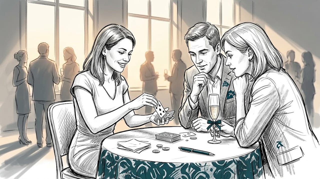 Eine Zauberin begeistert die Gäste mit einem verblüffenden Close-up-Trick.