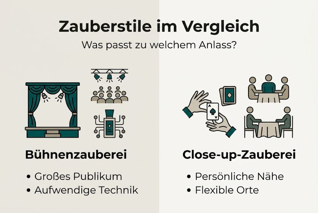 Grafik: Die Unterschiede zwischen Bühnenzauberei und Close-up-Magie – übersichtlich mit Stichpunkten dargestellt