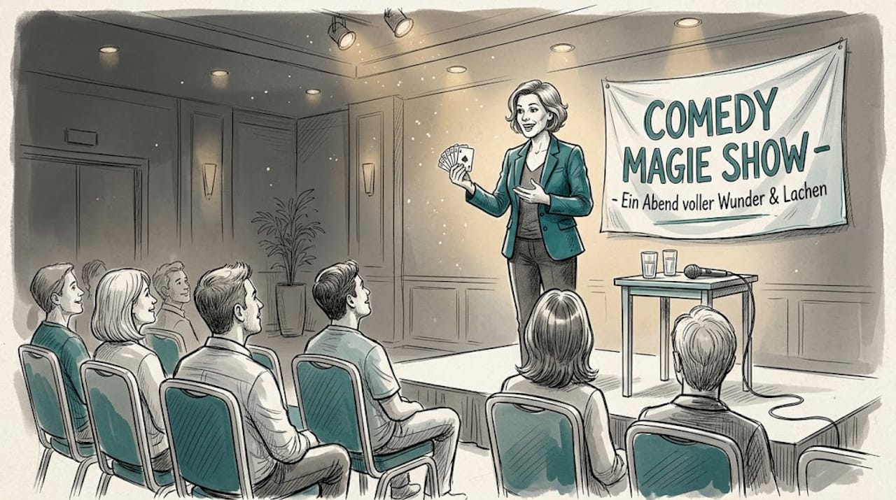 Eine Magierin verzaubert das Publikum auf der Bühne, während alle gespannt jede ihrer Bewegungen verfolgen.