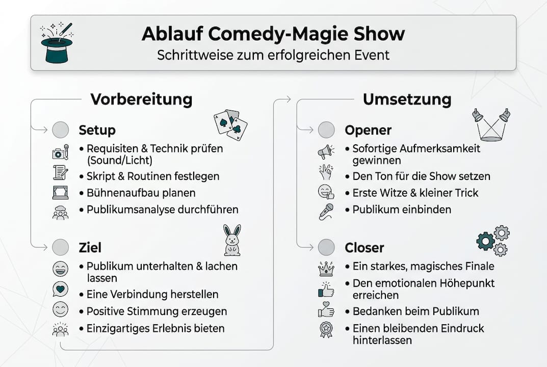 Eine anschauliche Grafik, die den Ablauf einer Comedy-Zaubershow Schritt für Schritt erklärt.