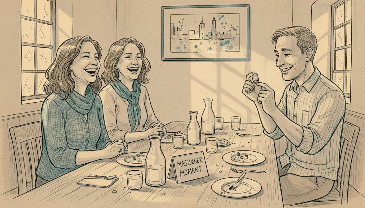 Die Gäste amüsieren sich köstlich, während ein lockerer Zaubertrick für beste Stimmung sorgt.