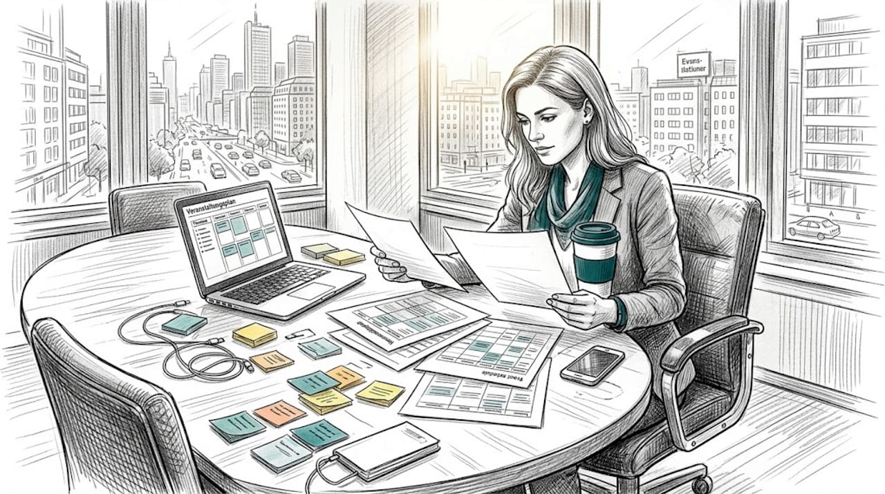 Eine Eventmanagerin prüft den Ablaufplan für das nächste Teamevent im Unternehmen.