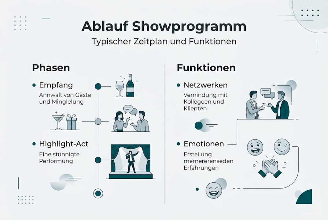 Die Infografik veranschaulicht den Ablauf eines Showprogramms und hebt die wichtigsten Phasen hervor.