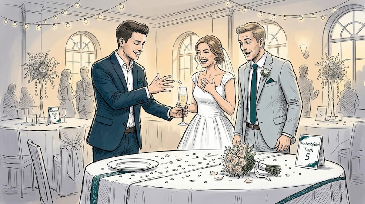 Ein Zauberkünstler verblüfft das Brautpaar auf ihrer Hochzeit mit einem faszinierenden Ringtrick.