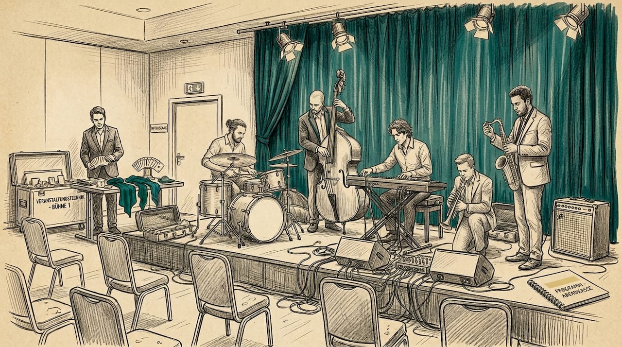 Bühne mit einer Jazzband und einem Zauberer – die perfekte Kombination für einen abwechslungsreichen Abend.