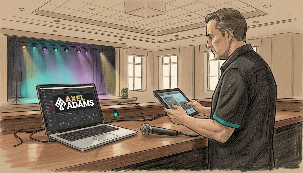 Ein Veranstaltungstechniker setzt digitale Tools professionell während des Events ein.