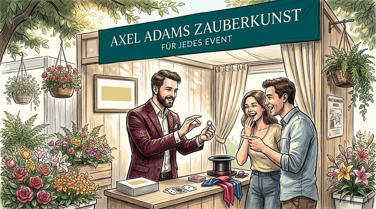 Am Messestand begeistert ein Zauberer die Besucher mit faszinierenden Tricks.