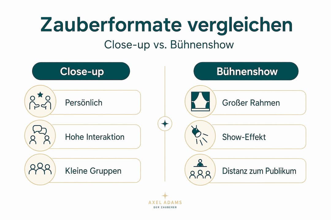 Infografik: Close-up Magie vs. Bühnenshow – Welche Zauberform passt besser zur Geburtstagsparty?