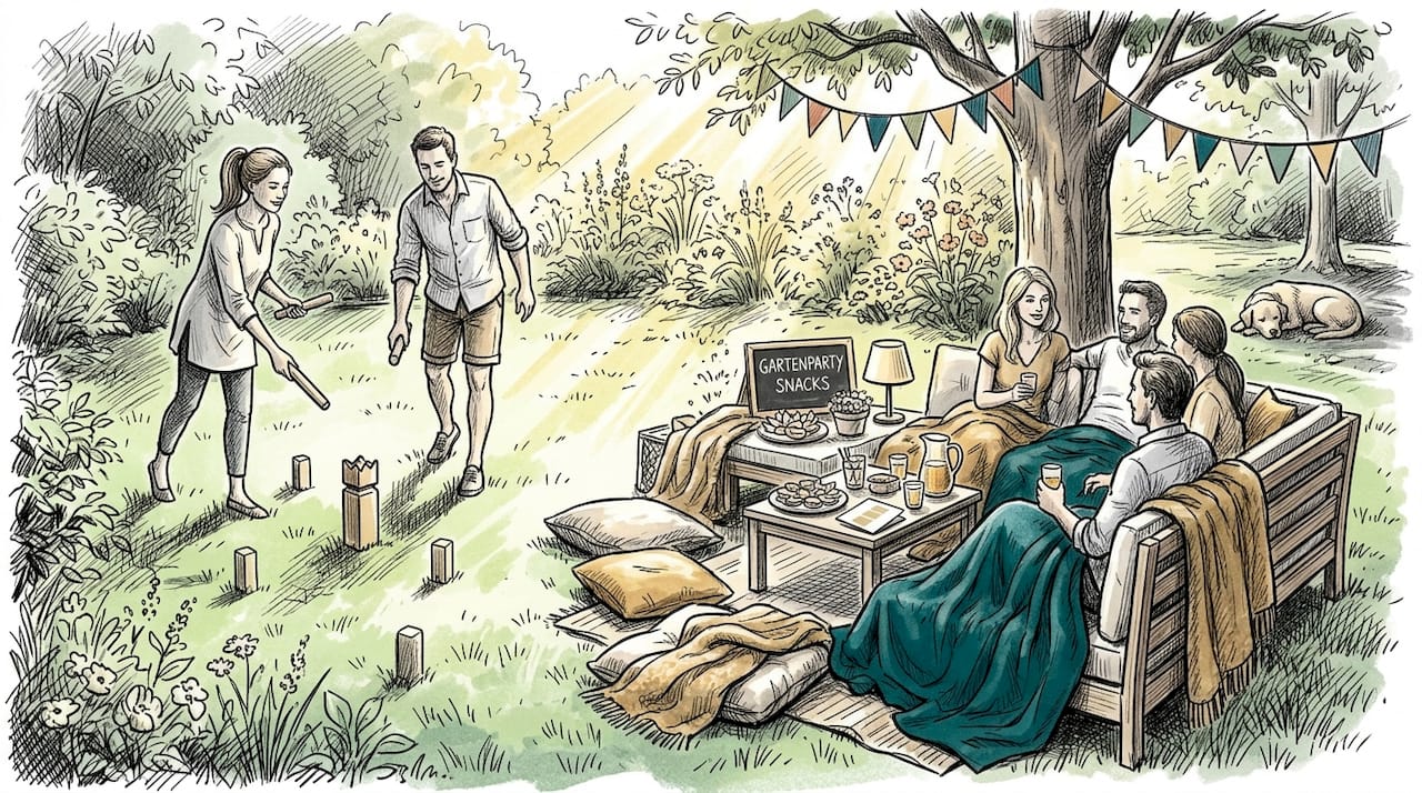 Bei der Gartenparty vergnügen sich die Gäste mit verschiedenen Spielen im Freien.