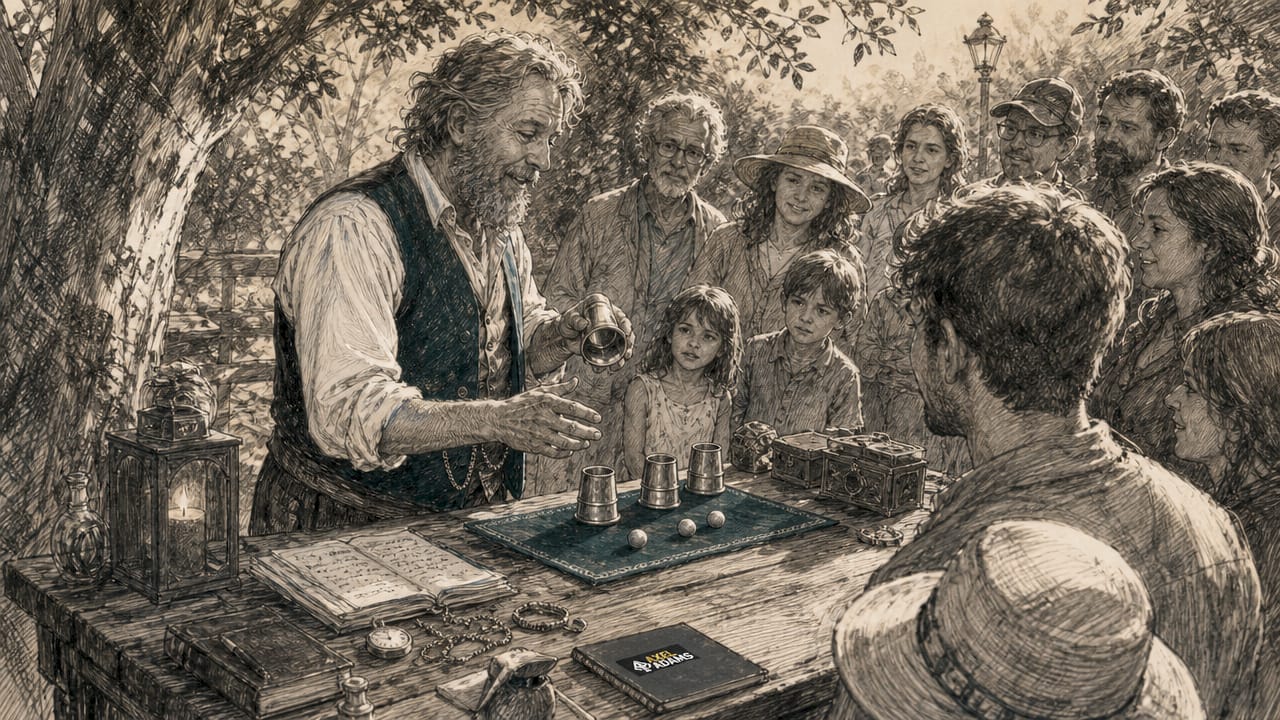 Ein Magier aus vergangenen Zeiten führt den klassischen Becherspiel-Trick vor.