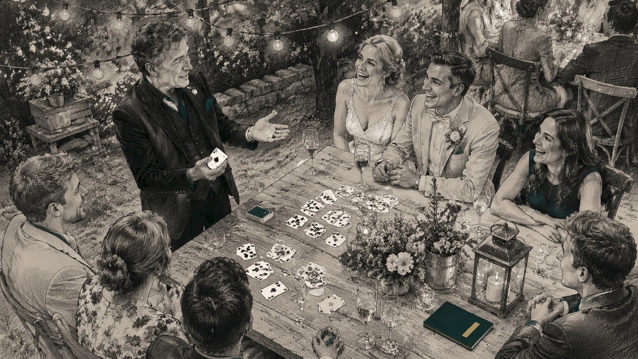 Zauberer begeistert Hochzeitsgäste mit beeindruckenden Kartentricks direkt am Tisch.