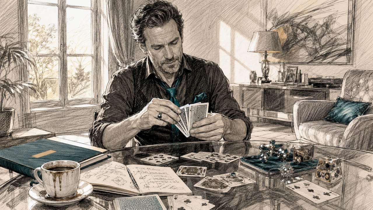 Ein Magier trainiert seine Kartentricks.