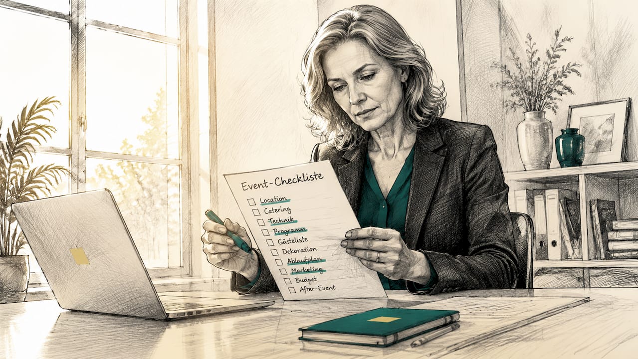 Eine Frau sitzt am Tisch und arbeitet ihre Checkliste für die Veranstaltung durch.