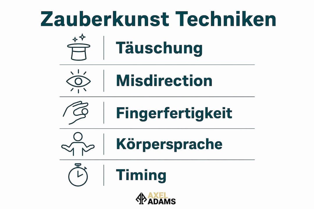 Übersicht der wichtigsten Techniken und Grundlagen der Zauberkunst – anschaulich erklärt in einer Infografik