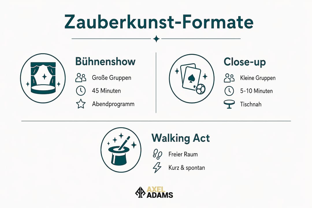 Vergleichende Infografik: Welche Zauberkunst-Formate eignen sich am besten für Galaveranstaltungen?