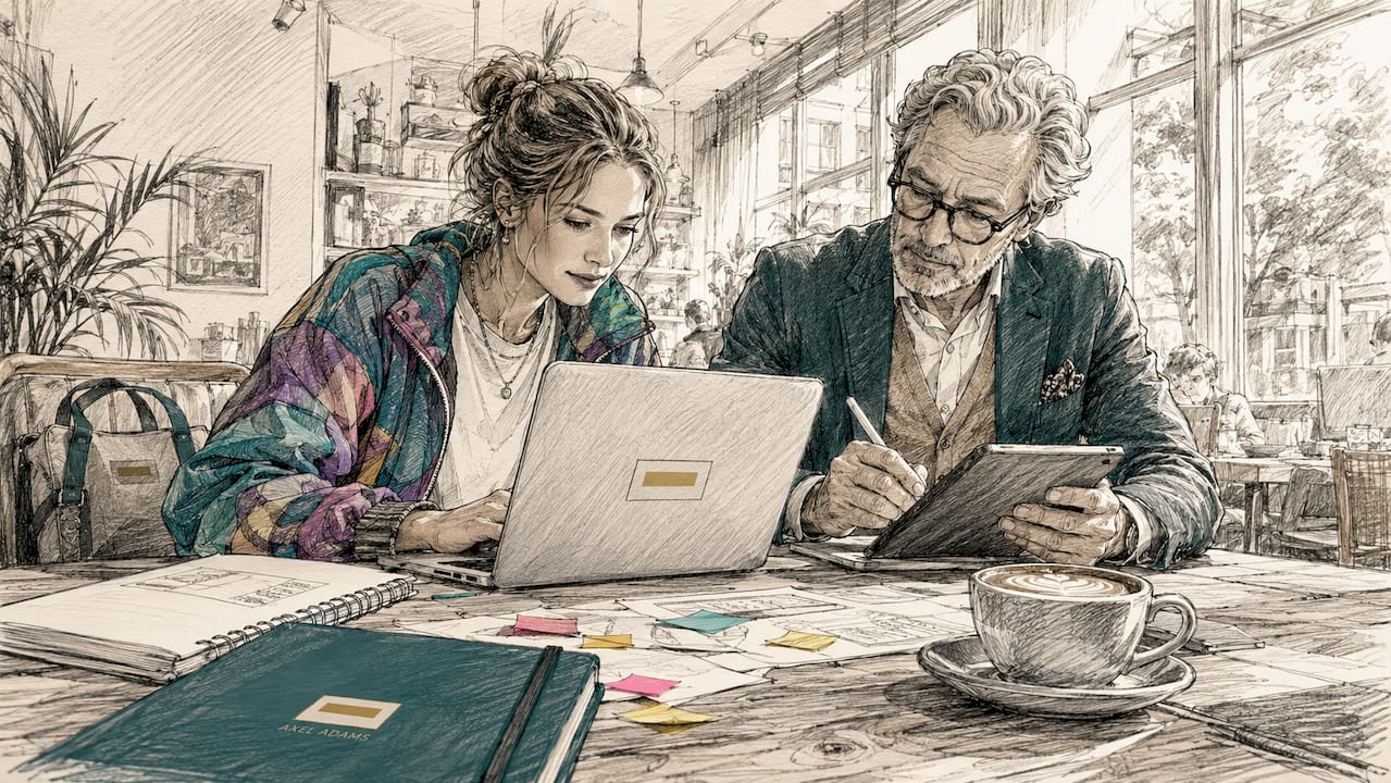 Vorbereitung eines Firmen-Events mit Laptop und Unterlagen am Arbeitsplatz