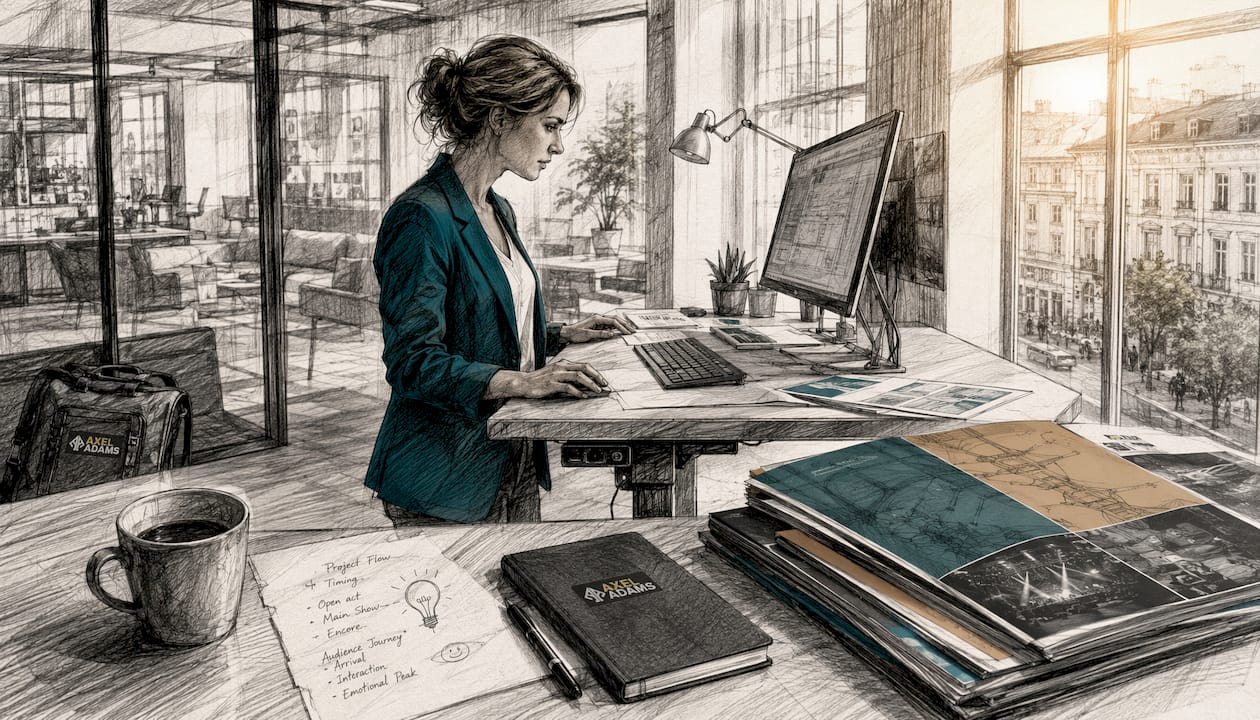 Eine Frau arbeitet am Schreibtisch und organisiert eine Veranstaltung mit spezieller Software.
