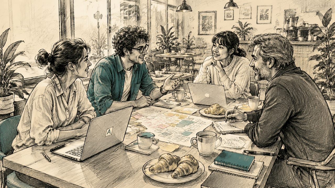 Das Team bespricht gemeinsam am Tisch die Programmpunkte für die Veranstaltung.