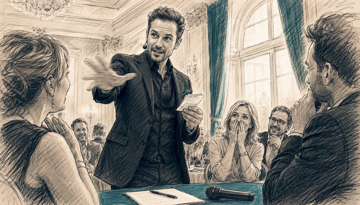 Ein Zauberkünstler fasziniert sein Publikum mit beeindruckender Mentalmagie und bezieht die Zuschauer aktiv ins Geschehen mit ein.