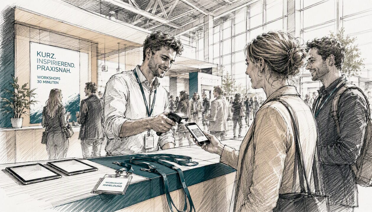 Mitarbeiter am Messestand erfassen per QR-Code die Anmeldungen für den Workshop.