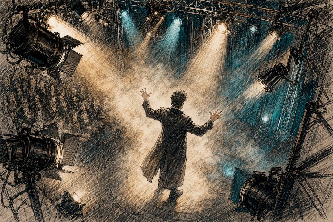 Scheinwerfer tauchen die Zaubershow in magisches Licht und lassen die Illusion lebendig werden.
