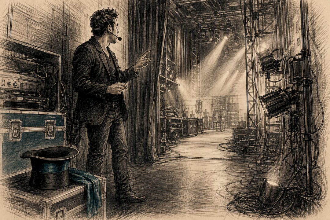Zauberer beim Soundcheck, der den technischen Ablauf koordiniert
