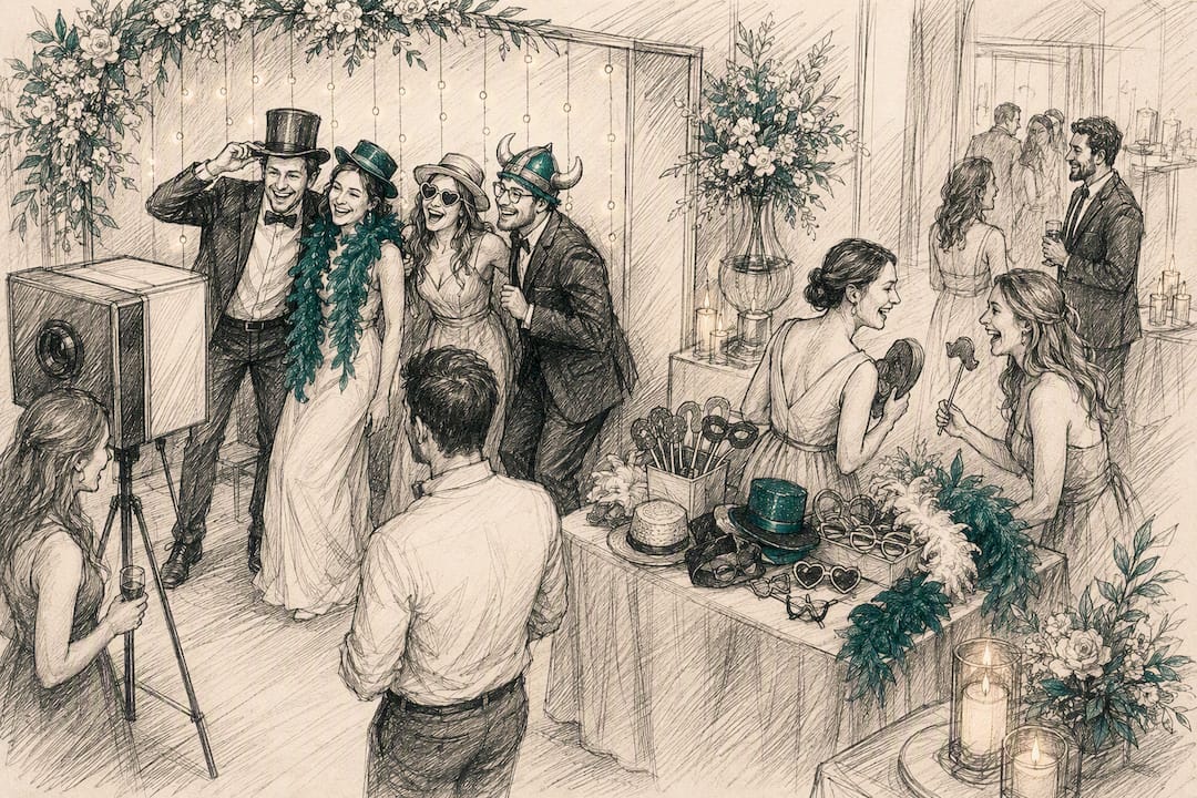 Gäste nutzen eine Fotobox mit Requisiten auf der Hochzeit