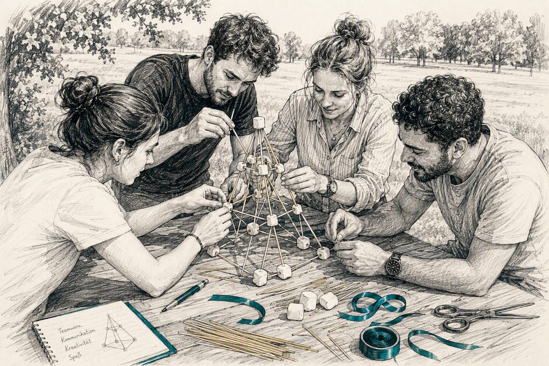 Teilnehmer bauen einen Turm bei der Marshmallow-Challenge