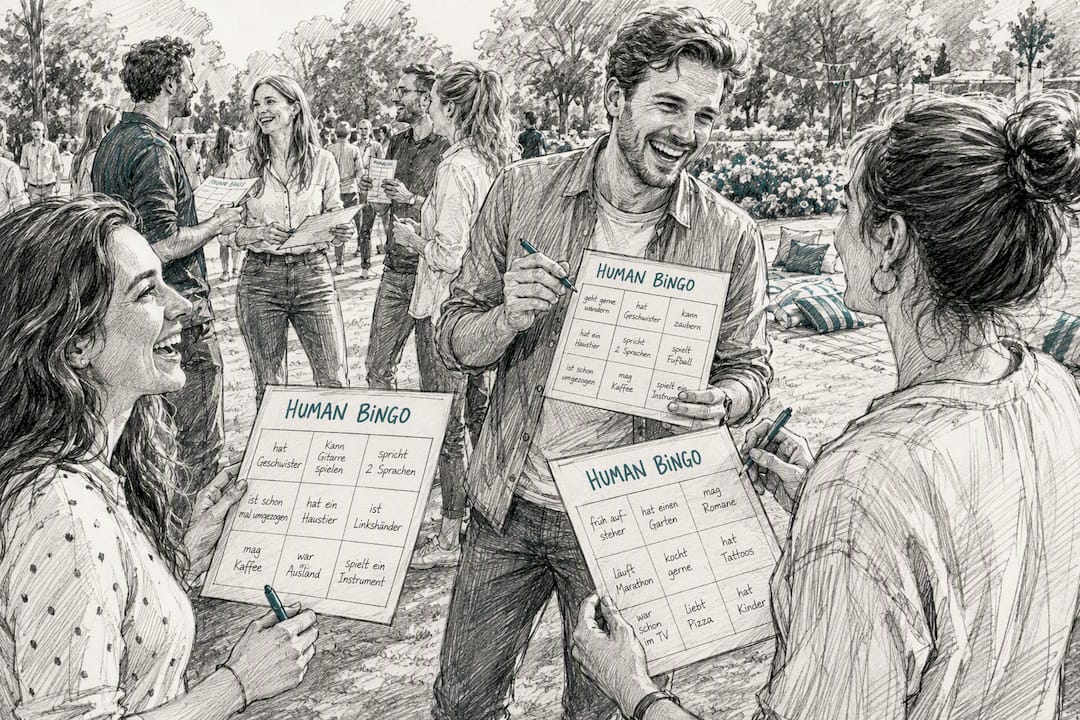 Teilnehmer spielen draußen 'Human Bingo'