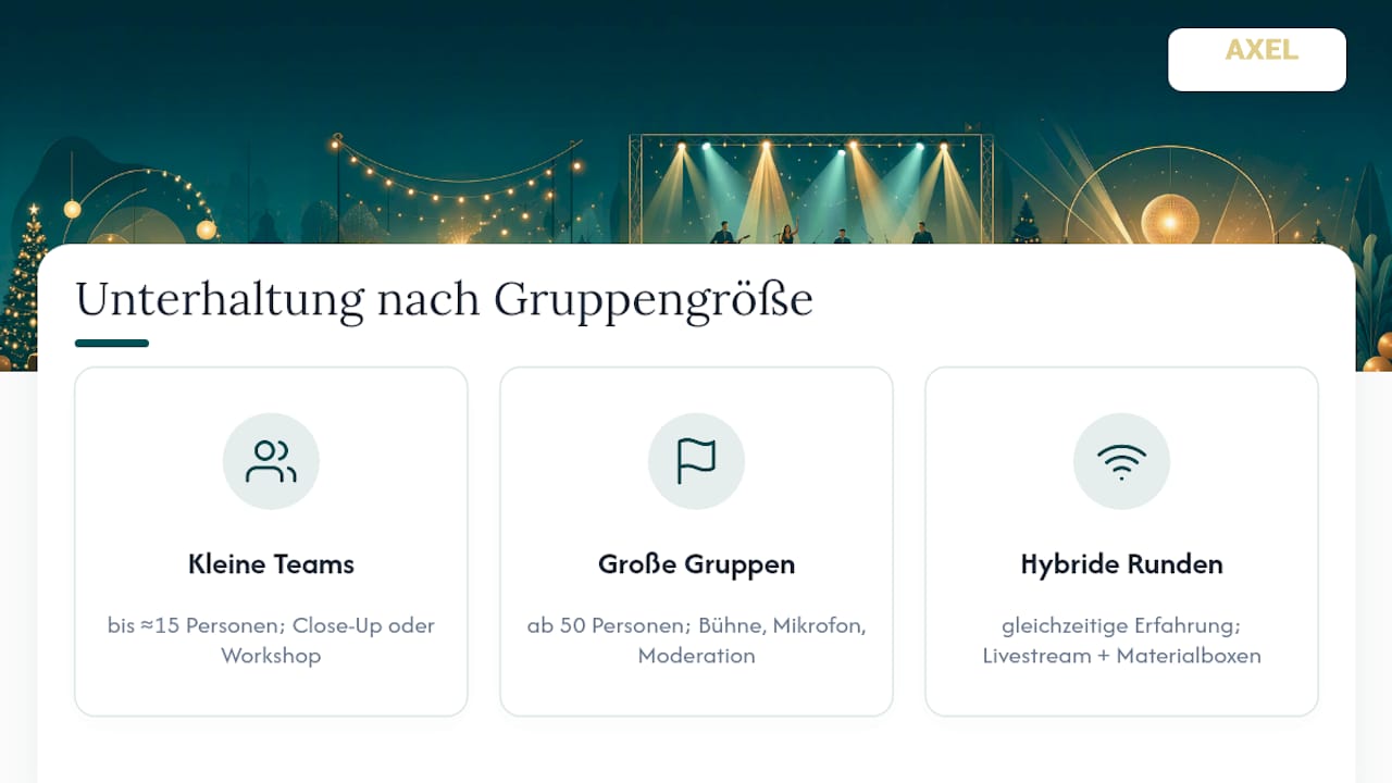 Unterhaltungsangebote sortiert nach Gruppengröße und Teamaufstellung