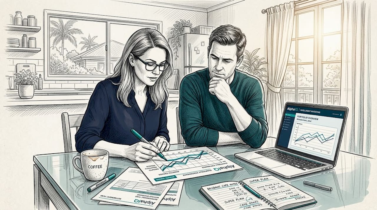 Couple reviewing investments and printed graphs